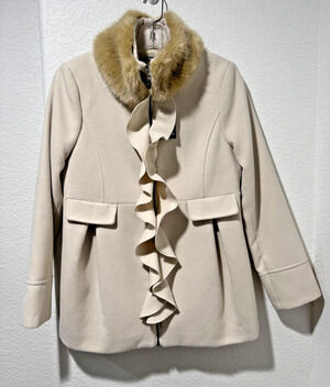 NWT NADINE Italy Cream Wool Zip Jacket Fur Collar Ruffle Front Sz 44 US 8